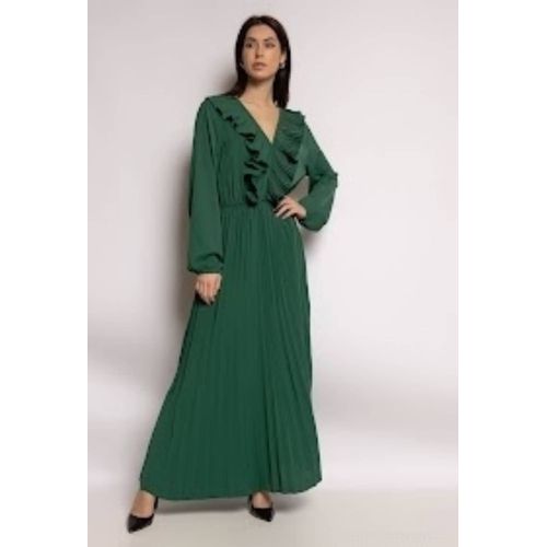 Robe Longue D'été Ou Cérémonie Vert Sapin Manche Longue Bas Plissé Et Décolleté Froufrou
