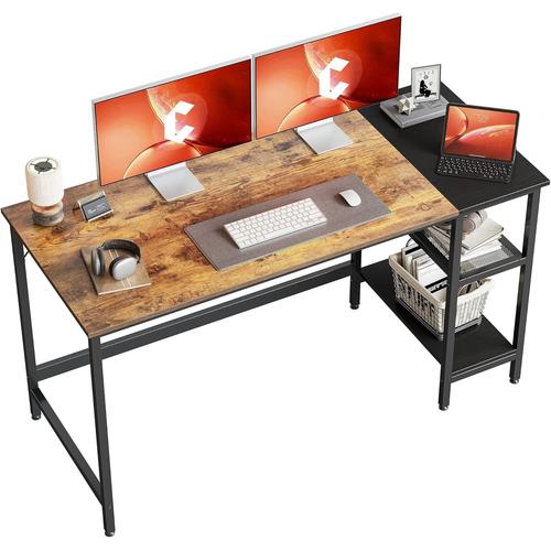 Bureau Informatique Rangement-140*60*75 Cm Bureau Gamer Stable Barre Triangle Avec 2 Etagères Rangements Gauche Droite Pour Travailler,Etudier,Jouer,Chambre Style Industriel Marron Noir