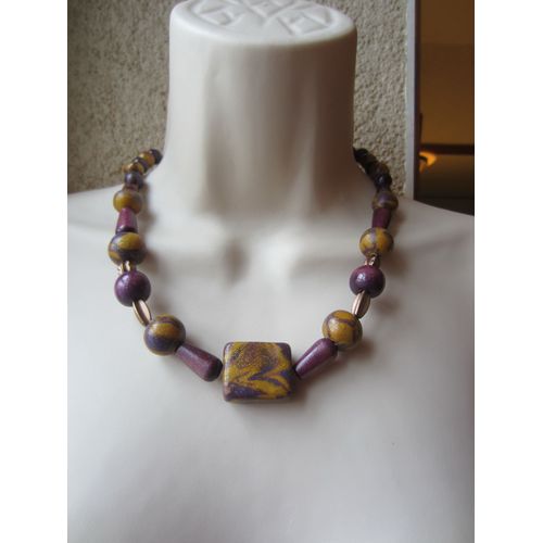 Collier En Bois Et Pâte Fimo Violet Et Or