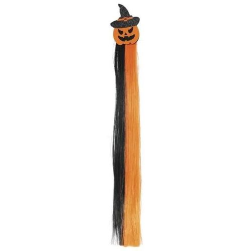 Barrette Citrouille Chapeau Mèche 40cm Orange Noir - Accessoire De Déguisement Bijou Fantaisie