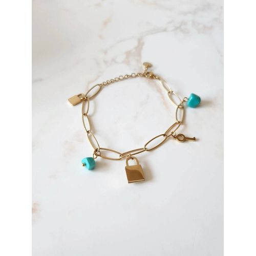 Bracelet Doré En Acier Inoxydable Pierres Bleues Avec Clé Et Cadena