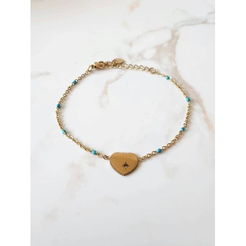 Bracelet Doré En Acier Inoxydable Perles Bleues Et C?ur Avec Étoile À L'intérieur