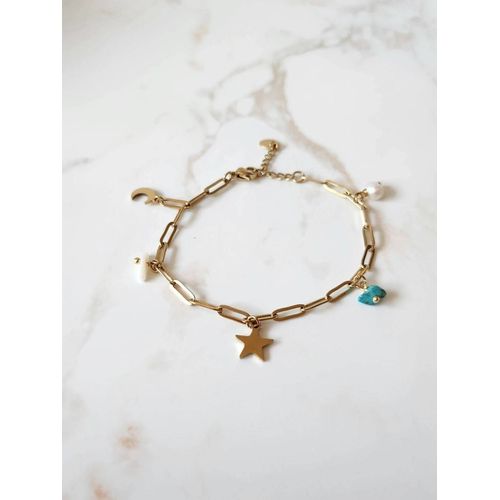 Bracelet Étoile Et Lune Avec Des Perles Blanches Et Bleues Doré En Acier Inoxydable