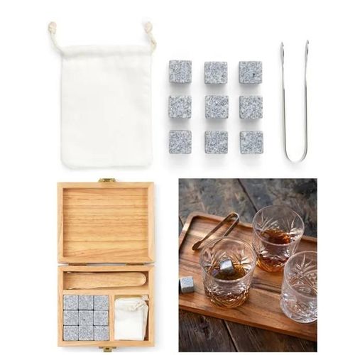 Coffret De 9 Glaçons En Granit + Coffret En Bois D¿Hévéa + 1 Pince À Glaçon En Acier Inoxydable