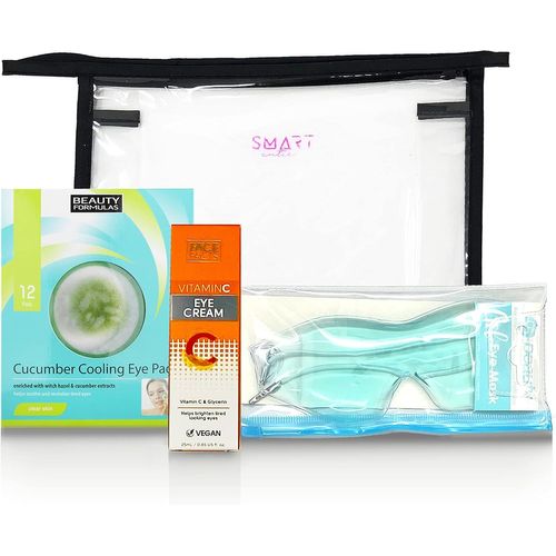 CUTIE Puffy Eyes SPA Coffret cadeau de 4 | LE201 | Masque en gel rafraîchissant, coussinets en gel au concombre, crème pour les yeux, trousse de toilette de voyage, claire