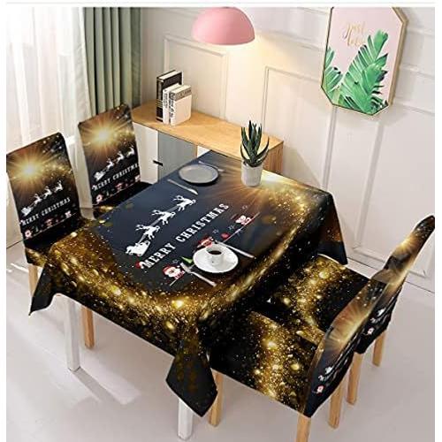 Nappe De Noël De Qualité Supérieure ¿ Protection De Table De Luxe 2021 Imperméable, 4 Housses De Chaises, 140 Cmx180 Cm (Noir Et Doré Merry Christmas)