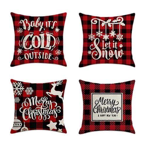 4pcs Taie D¿Oreiller De Noël Carré Décor À La Maison Rouge Lin Taies D¿Oreiller Housses De Coussin Pour Canapé Voiture Cadeau