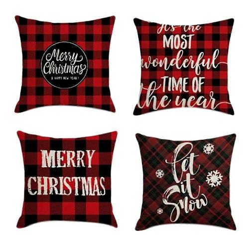 4pcs Taie D¿Oreiller De Noël Carré Décor D¿Intérieur Lin Oreiller Rouge Housses De Coussin Pour Canapé Voiture Cadeau