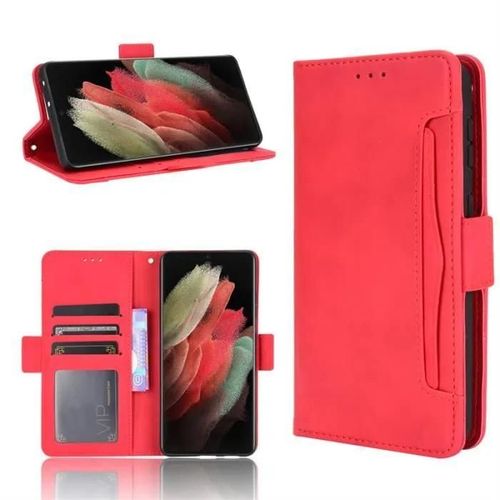 Pour Samsung Galaxy S21 Ultra 5g 6.8\,Pu Etui Housse En Cuir Portefeuille,Emplacements Cartes,Fonction Support -Rouge Hwoea