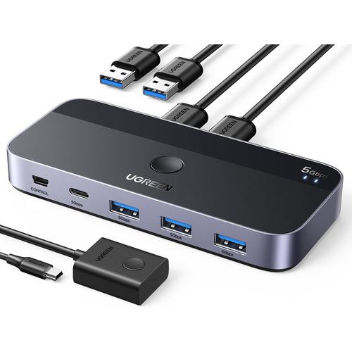 Switch Usb 3.0 Usb C 4 Ports Commutateur Kvm Pour 2 Pc Usb Switch 2 Entrées 4 Sorties 5Gbps Pour Clavier Souris Disque Dur Imprimante Avec Contrôle Du Bureau Et 2 Câbles Usb 3.0 Inclus