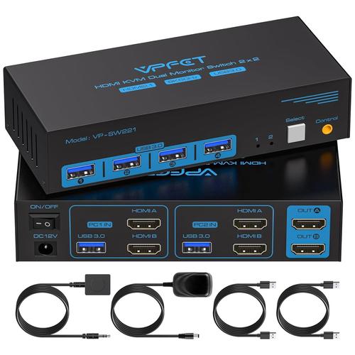 8K60Hz Dual Monitor Kvm Switch Hdmi 2.1 4K120Hz Commutateur Kvm Pour 2 Ordinateurs Partager 2 Écran Et 4 Ports Usb 3.0 Comprend Contrôleur De Fil Externe,Adaptateur 12 V Cc Et 2 Câbles Usb 3.0