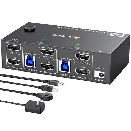 Commutateur Kvm Hdmi 8K 2 Pc 2 Moniteurs 8K @ 60Hz 4K @ 144Hz,Usb 3.0 Dual Monitor Commutateur Kvm Avec 4 Ports Usb 3.0 Pour Imprimante Clavier,Souris,Avec Contrôleur De Bureau,Bloc