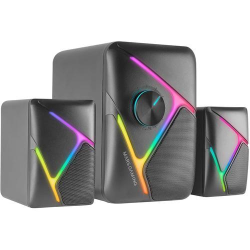 Haut-parleurs Gaming RGB 2.1 et Subwoofer 35W, Système Drivers Inversé 3D Surround, Enceintes Compactes Eclairage Dynamique RGB, Alimentation USB et Connecteur Jack 3.5mm, Noir