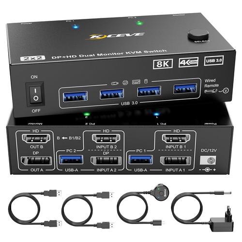 Commutateur Kvm 8K 2 Pc 2 Moniteurs 8K @ 60Hz 4K @ 144Hz Displayport+Hdmi Dual Moniteurs Commutateur Kvm Pour 2 Pc Share 2 Moniteurs Et 4 Appareils Usb 3.0,Télécommande Par Câble,Bloc