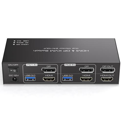 Displayport+Hdmi Kvm Switch 2 Pc 2 Monitor 4K60Hz Commutatore Kvm Usb 3.0 Doppio Monitor Per 2 Pc Condividi 2 Monitor E 4 Dispositivi Usb Supporta La Modalità Copia Ed Estendi Con 2 Cavi Usb