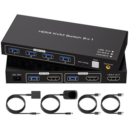 Hdmi Kvm Switch 2 Pc 1 Monitor 4K60Hz Usb 3.0 Kvm Hdmi Pour 2 Computer Partageant 1 Moniteur Et 4 Usb 3.0 Supporte Contrôle Externe En Ligne Et 2 Câbles Usb3.0 Inclus