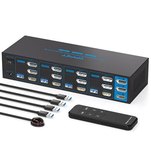 4K144Hz 2 Displayport+Hdmi 4 Pc 3 Moniteurs Kvm Switch 8K60Hz Supporte 4 Ordinateurs Partageant 3 Moniteurs Et 4 Ports Usb 3.0,Tels Que Claviers,Souris,Imprimantes Et U Disk