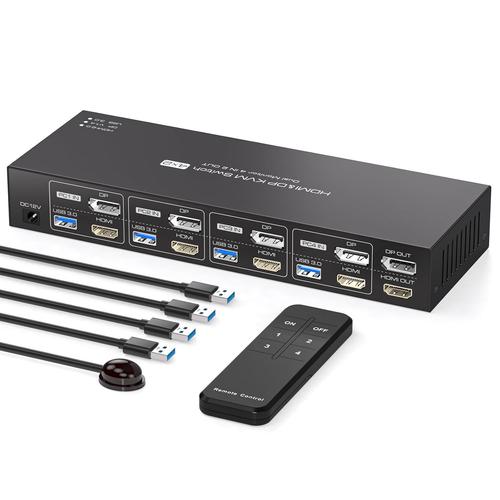 Commutateur Kvm 2 Moniteurs 4 Ordinateurs Displayport+Hdmi 4K@60Hz Kvm Switch 4 Pc 2 Monitor Partage Dual Monitor Et 4 Périphériques Usb3.0,Télécommande Ir Et Câbles Usb Inclus