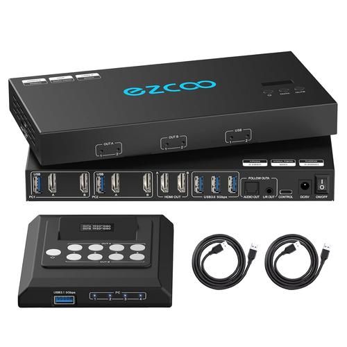 Commutateur Kvm Hdmi 4K @ 60Hz Dual Monitor Usb 3.0 2 Moniteurs 2 Ordinateurs Edid Émulateurs Pour 2 Pc Partagent 2 Écrans Et 4 Ports Usb 3.0 Spdif L/R Audio Copier Mode D'Extension,2 Câbles Usb Et