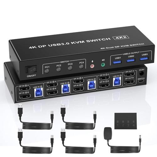 4 Ports Usb 3.0 Dual Monitor Kvm Switch Displayport 4K 60Hz,Kvm Switch 2 Moniteurs 4Pc Avec 3 Ports Usb 2.0 Et Sortie Audio Micro,Commutateur Dp Monitor Pour 4 Pc 2 Moniteurs