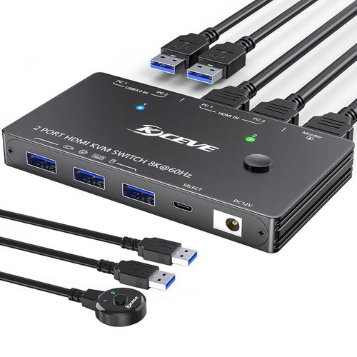 Commutateur Kvm 8K@60Hz/4K@120Hz Pour 2 Ordinateurs Partageant 1 Moniteur Et 3 Périphériques Usb3.0,Télécommande Filaire Et Câble Usb Inclus