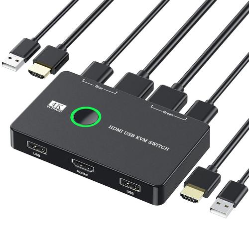 Kvm Hdmi Switch 2 Port 4K 60Hz Kvm Switch 2 Pc 1 Monitor Partagé Clavier Souris Imprimante Scanner,Commutateur Kvm Avec 2 Câbles Usb Et 2 Câbles Hdmi