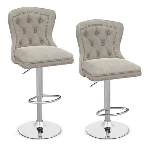 Costway Lot 2 Tabourets De Bar Pivotants En Velours Hollandais, Hauteur Du Siège Réglable 67-87 Cm, Base En Métal Galvanisé, Gris