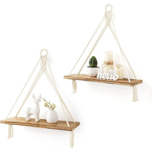 Lot De 2 Étagères À Suspendre En Macramé - Décoration Murale Bohème En Bois Rustique Pour Chambre À Coucher, Salle De Bain, Salon, Chambre D'enfant, Dortoir