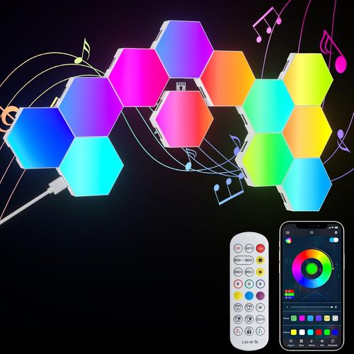 Panneau Led Hexagone Gaming Murale Lampe, 12pcs Sync Avec Musique Smart Rgb Modulaires Light Avec App Telecommande¿Creative Appliques Murales Pour Decoration Chambres Salle De Jeux