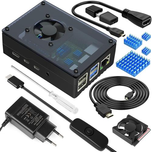 Boîtier Pour Raspberry Pi 4 Avec Bloc D'Alimentation : 5,1 V 3 A 15,3 W Usb-C,Ventilateur De Refroidissement,Câble Hdmi,4 Dissipateurs Thermiques En Aluminium,Lecteur De Carte Usb Pour