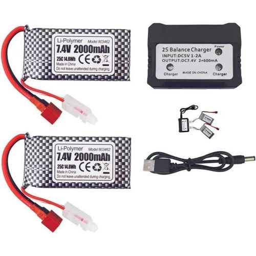 Yunique France Lot De 2 Batteries Lipo 7.4v 2000mah Avec Prise En T Et Chargeur 2en1 - Compatible Avec Les Modèles Rc 9200, 9200e-Autre