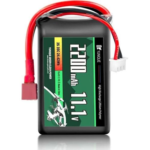 Batterie Lipo 3 Cellules 11,1 V 2200 Mah 35 C Avec Connecteur T-Plug, Câble En Silicone Et Coque Souple - Dimensions 75 X 33 X 25 Mm-Yunique Green-Clean-Power