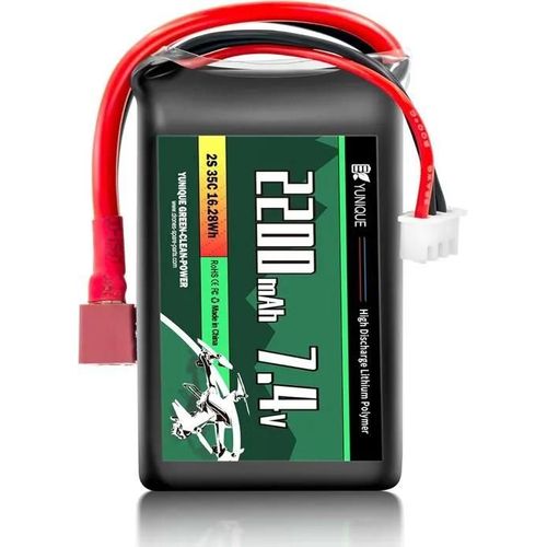 Batterie Lipo 2 Cellules 7,4 V 2200 Mah 35 C Avec Connecteur T-Plug, Câble En Silicone Et Coque Souple - Dimensions 73 X 34 X 19 Mm-Yunique Green-Clean-Power