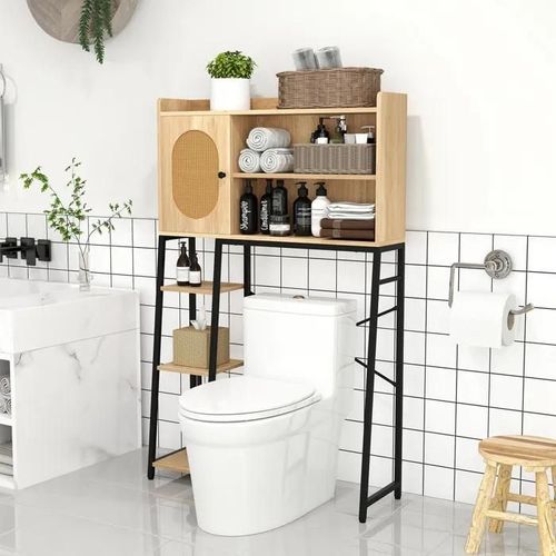 Costway Meuble Wc Au-Dessus De Toilettes, Porte En Rotin Pe, Etagères De Rangement Ouvertes Et Réglables, 89 X 29 X 139 Cm