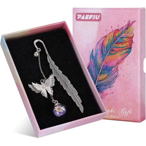 Cadeau Femme Noel Marque Page Metal, Marque Page Plumes Or Avec Charm Papillon, Idée Cadeau De Noël Pour Anniversaire Femme Maman Fille-Avec Boîte Cadeau