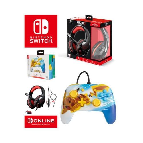 Pack Manette Switch Filaire Nintendo Pokémon Pikachu Charge Officielle + Casque Gamer Pro H3 Rouge Spirit Of Gamer Switch