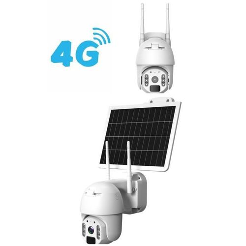 CAMERA DOME MOTORISE SOLAIRE 4G FULL HD 1080p Blanc Vidéo Surveillance IP66 MICRO SD double antennes + Panneau solaire