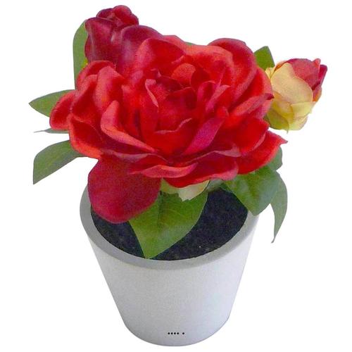 Roses Artificielles En Pot Blanc H 14 Cm Composition Adorable Rouge