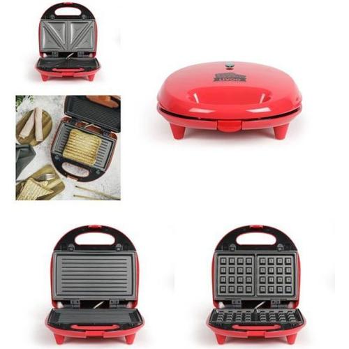 GAUFRIER + CROQUE + GRILL ROUGE 700W Décor Inox Plaques interchangeables - Revêtement anti-adhésif-