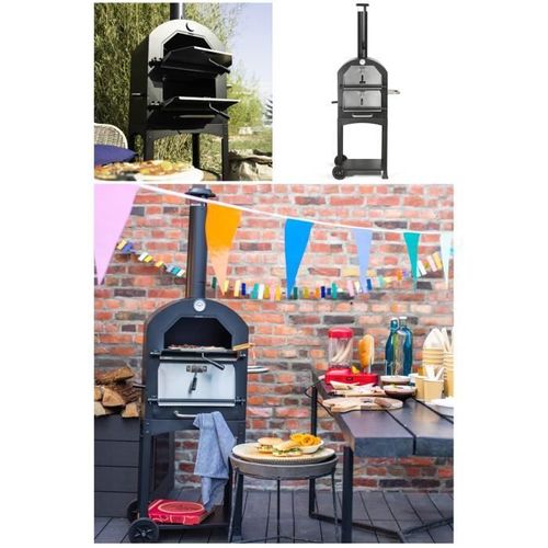 Four à Pizza double grille métal peint avec thermomètre intégré pierre à pizza réfractaire pour bois ou charbon