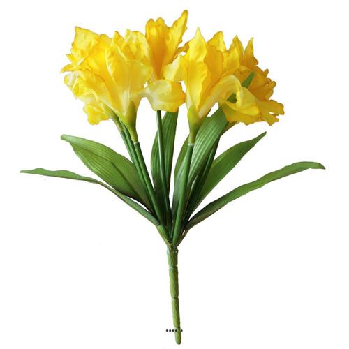 Bouquet D'iris Artificiels 7 Fleurs Et 7 Feuilles Hauteur 28 Cm Superbe Jaune