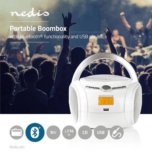 Lecteur CD Portable Stéréo 9 W USB Bluetooth® RADIO FM Lecture USB PILES ET SECTEUR Blanc