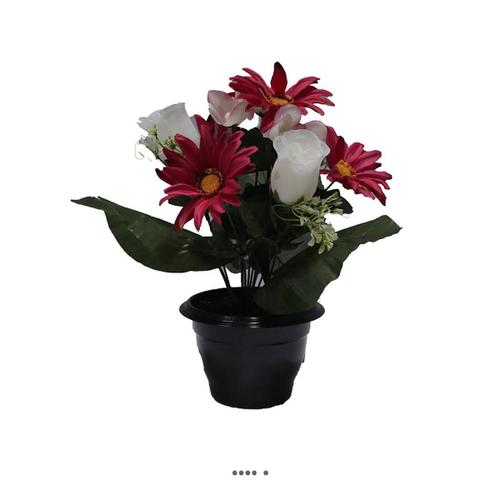 Composition fleurs artificielles cimetière pot roses et gerberas H28 cm D30 cm Mauve violet