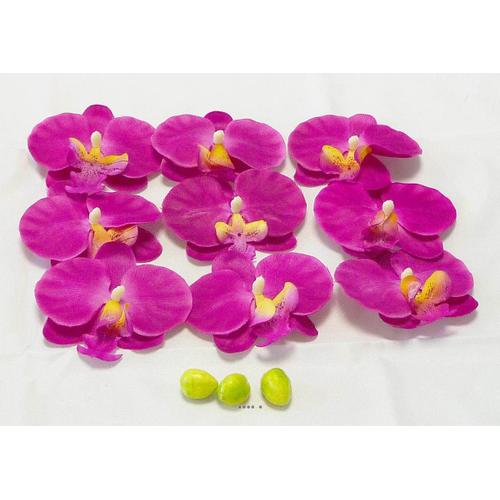 Têtes Fleurons Orchidée Phalaenopsis Factices X9, 3 Boutons Pourpre