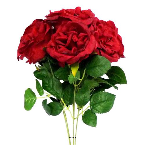 Bouquet De 7 Roses Factices En Piquet Et Feuillage Hauteur 42cm Rouge