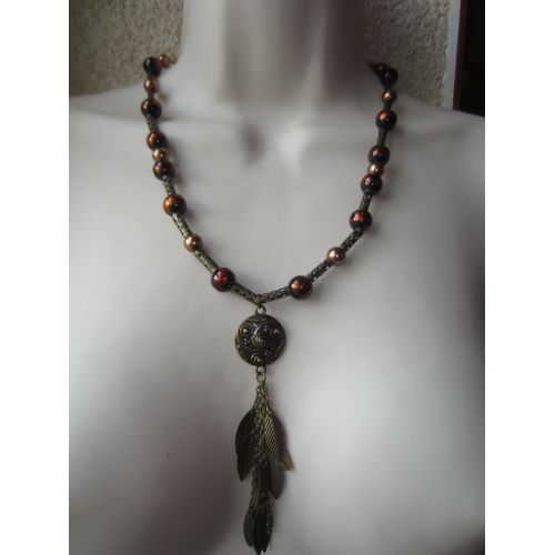 Collier Sautoir Orange Et Bronze Avec Pendentif En Forme De Feuille
