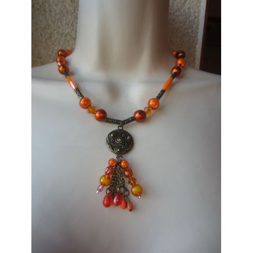 Collier Orange Et Bronze Avec Pendentif