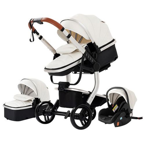 Poussette 3 En 1 Bébé Combinée Siège-Auto Nacelle Trio Réversible Cuir Pu Roues Increvables Canne Blanc.