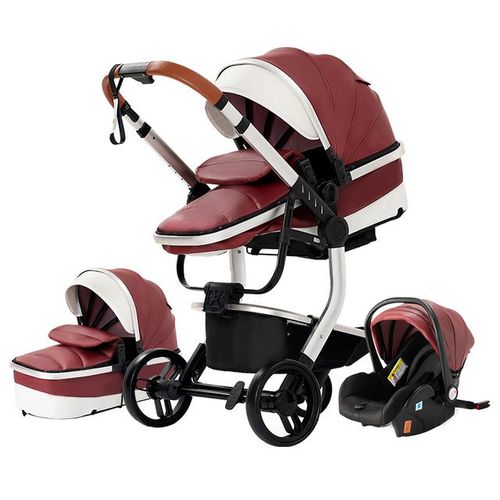 Poussette 3 En 1 Bébé Combinée Siège-Auto Nacelle Trio Réversible Cuir Pu Roues Increvables Canne Rouge.