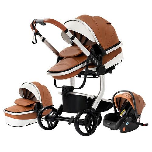 Poussette 3 En 1 Bébé Combinée Siège-Auto Nacelle Trio Réversible Cuir Pu Roues Increvables Canne Khaki.